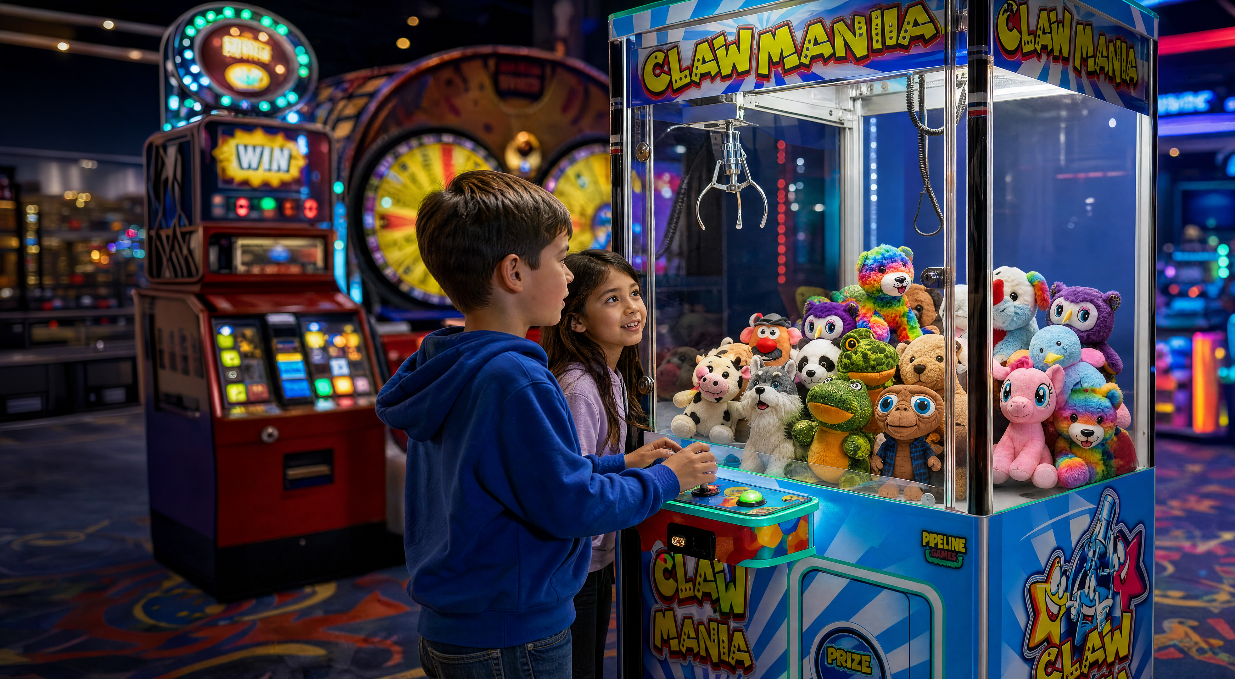 Colorful plush prizes inside a crane machine